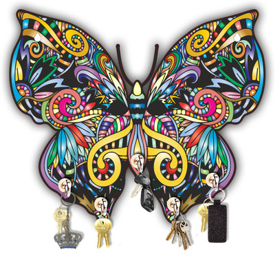 Phirki Studio Butterfly Design MDF Wooden Key Hanger Wall Decor Item, Wood Key Holder(5 Hooks, Multicolor)