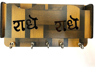 faura radhe keyholder with mobile phone smartphone charging stand and holder for 2 Wood Key Holder(5 Hooks, Brown)