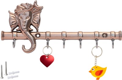 Zeetab Ganesha Key Stand with Diamond | Antique Ganpati Metal Stainless Steel Key Holder(6 Hooks, Pink)