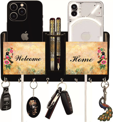 HOUZZ DECOR A_Wooden Welcome Home Key Holder With Storage Box For Home And Office Decor| Wood Key Holder(8 Hooks, Beige)