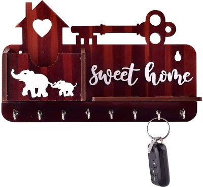 MUKESHI ENTERPRISES 1 pocket with pen stand holder for home office bedroom(Sweet Home) Wood Key Holder(8 Hooks, Brown)