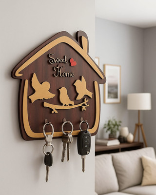 Artivya Artivya Sweet Home Birds Key Holder Wood Key Holder(4 Hooks, Brown, Beige, Red)