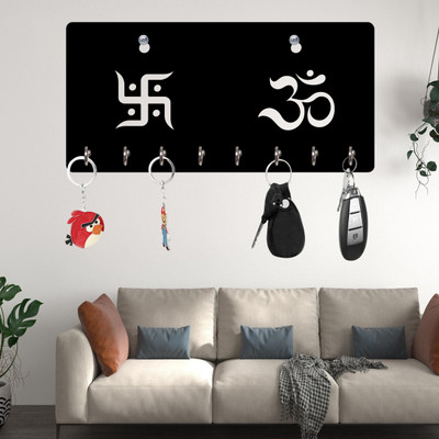 Yamizen Swastik With Om Art Design Beautiful Key Stand Wood Key Holder(8 Hooks, Black)