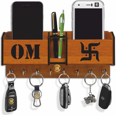 Urban handicrafts New Om Swastik Unique Designer 8 hooks, 2 Pockets, mobile holder, pen holder, Wood Key Holder(8 Hooks, Brown)