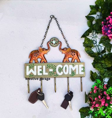kreative garage Metal'ELEPHANT STYLE' Welcome Greeting Hanging Chain Key Holder for Home Iron Key Holder(5 Hooks, Multicolor)