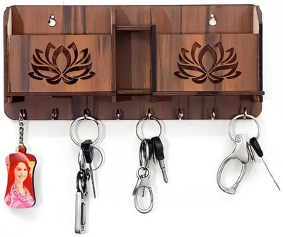 Paladiya Krafts KAMAL Shape Wooden Keychain Holder With Mobile Stand,Pen Stand And 8 Hooks Wood Key Holder(8 Hooks, Brown)