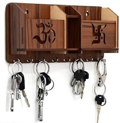 Manavi Fashion World OmSwastikDesign wood Key holder|Keychain holder|Mobile Stand|key holder for wall Wood Key Holder(7 Hooks, Brown)