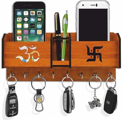 Kaynka Wooden Key Holder With Mobile Holder and Pen Holder/ Keys Organizer Wood Key Holder(8 Hooks, Brown)