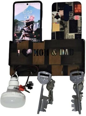 RAREION ENGINEERING Wooden Key Holder 5 key Holder with 2 Mobile Space and USB Data Cable Space Wood Key Holder(5 Hooks, Brown)