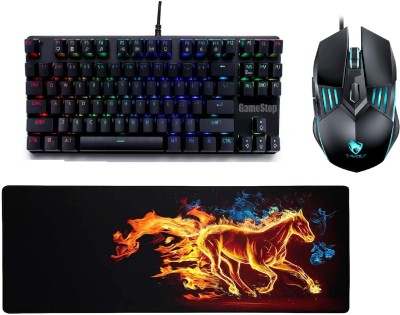 FKU GameStop Gaming Mechanical With Horse Mouse Pad T-WOLF Mouse Wired USB Gaming Keyboard(Black)