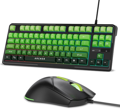 Archer Tech Lab Astra G300 RGB Keyboard & Mouse Combo,87 Keys, 7 Mouse Keys 4 DPI Silent Compact Wired USB Standard Gaming Keyboard Compatible with Desktop, Laptop, Mac(Green)