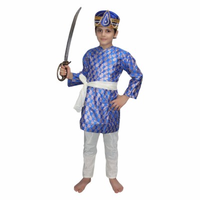 KAKU FANCY DRESSES Akbar King Dress For Boys, Mughal Historical Costume -Blue, 10-11 Years Kids Costume Wear