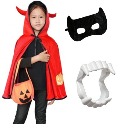 KAKU FANCY DRESSES Red Robe Hooded Cape, Devil Horn, Teeth, Black Eyepatch for Halloween - 5-6 Yrs Kids Costume Wear