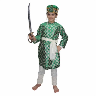 KAKU FANCY DRESSES Akbar King Dress For Boys, Mughal Historical Costume -Green, 7-8 Years Kids Costume Wear