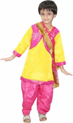 KAKU FANCY DRESSES Punjabi Suit Salwar with Dupatta For Girls, Dance Costume-Yellow & Pink 5-6 Yrs Kids Costume Wear