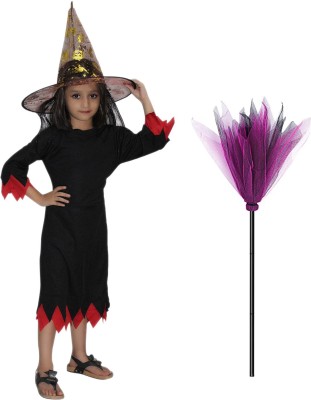 KAKU FANCY DRESSES Halloween Witch Dress With Hat & Broomstick/Horror For Boys & Girls, 14-18 Years Kids Costume Wear