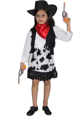 KAKU FANCY DRESSES Printed Cow Girls Costume, Horse Riding Dress - Multicolor, 5-6 Years Kids Costume Wear