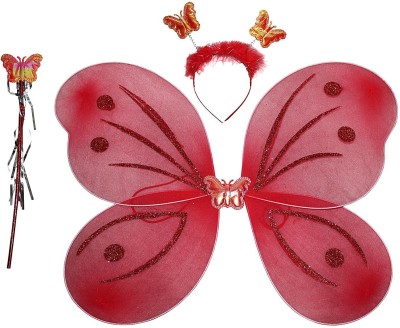 KAKU FANCY DRESSES Red Butterfly Dress For Girls With Headband & Wand Stick, Fairy Wings Kids Costume Wear