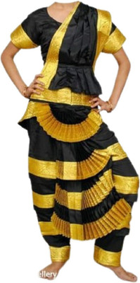 Chic Cos Bharatnatyam Readymade Light White Yellow & Black China Silk Fancy Dress/Costume Kids Costume Wear