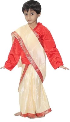 KAKU FANCY DRESSES Bihu Dance Saree For Girls, Traditional State Costume Set - Beige, 7-8 Years Kids Costume Wear