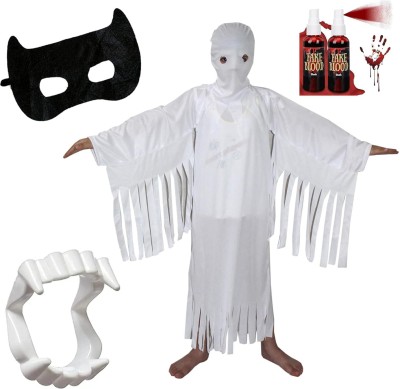 KAKU FANCY DRESSES Spooky White Ghost Dress with Teeth, Mask, Fake Blood for Halloween - 3-4 years Kids Costume Wear