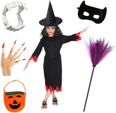 KAKU FANCY DRESSES Halloween Witch Costume,Hat,Teeth,Mask,Nails,Pumpkin Bag, Broom for 3-4 Yrs Kids Costume Wear