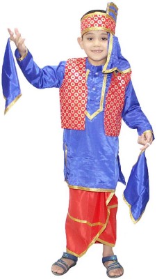 KAKU FANCY DRESSES Punjabi Kurta Pajama With Pagdi,Jacket For Boys Dance Dress-Blue & Red 5-6 Yr Kids Costume Wear