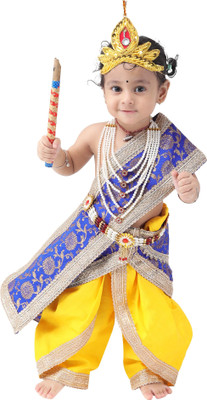 Design My Dress Bharat Baby Krishna Dress Set For Janmashtami With Crown, Flute, Earrings, Hip Cover, Kids Costume Wear