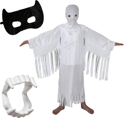 KAKU FANCY DRESSES White Ghost Costume With Vampire Teeth, Mask Set For Halloween Costume, 5-6 yrs Kids Costume Wear