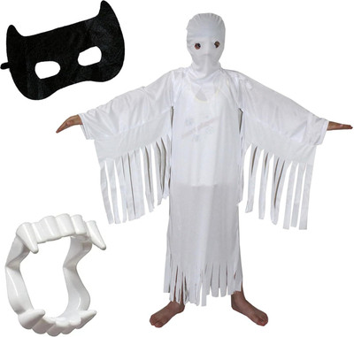 KAKU FANCY DRESSES White Ghost Costume With Vampire Teeth, Mask Set For Halloween Costume, 10-12yrs Kids Costume Wear