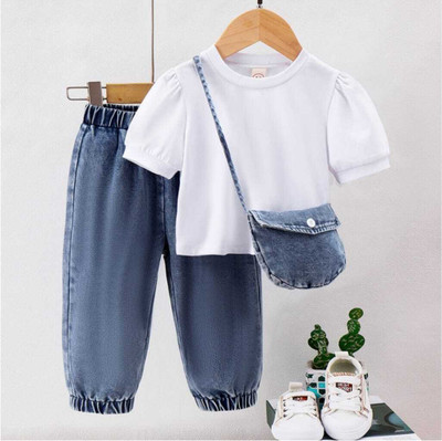 I Naina Dresses Girls Party(Festive) Top Jeans(White & Dark Blue)