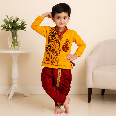 Trendiva Boys Festive & Party Kurta and Dhoti Pant Set(Yellow Pack of 1)