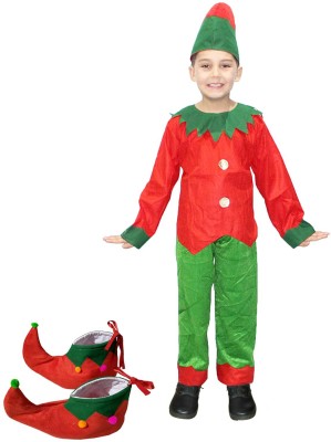 KAKU FANCY DRESSES Elfs & Shoes Set Costume for Christmas parties, Plays - Green & Red, 5-6 Years Kids Costume Wear