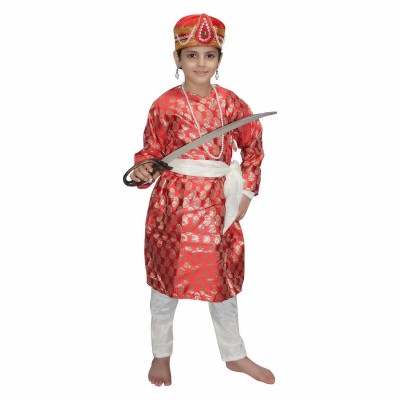 KAKU FANCY DRESSES Akbar King Dress For Boys, Mughal Historical Costume -Red, 10-11 Years Kids Costume Wear