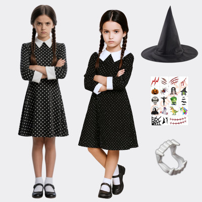 Aavashyak Wednesday Halloween Costume Set – Dress, Witch Hat, Vampire Teeth & Stickers Kids Costume Wear