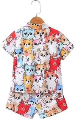 Shivastra Enterprise Boys Printed Shirt & Shorts Set | Cartoon Cat Design | Summer Cotton Casual Wear Kids Costume Wear