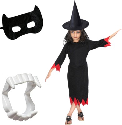 KAKU FANCY DRESSES Halloween Scary Witch Costume With Hat, Teeth & Face Mask For 7-8 Yrs Kids Costume Wear