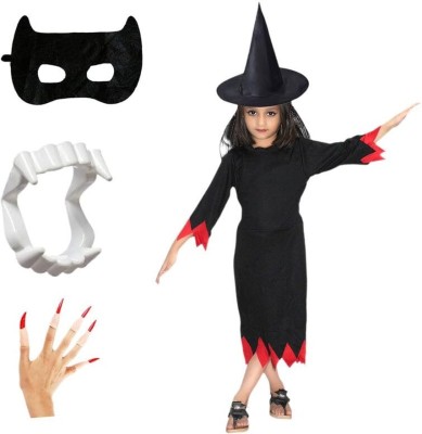 KAKU FANCY DRESSES Halloween Witch Costume With Hat, Teeth, Face Mask & Long Nails For 3-4 Yrs Kids Costume Wear