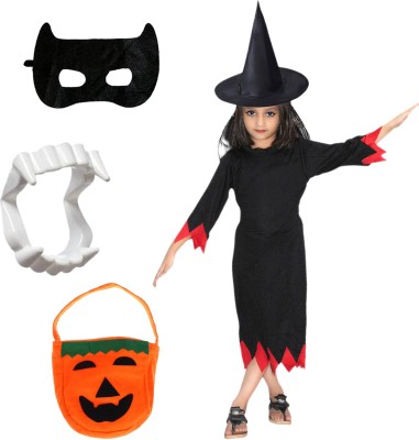 KAKU FANCY DRESSES Halloween Witch Costume With Hat,Teeth,Mask,Pumpkin Bag Set for 3-4 Yrs Kids Costume Wear