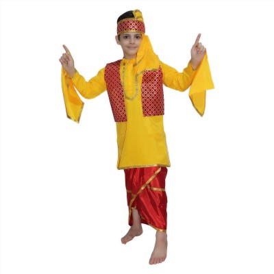 KAKU FANCY DRESSES Punjabi Folk Dress/ Bhangra Dance Costume For Boys -Yellow & Red, 7-8 Year Kids Costume Wear
