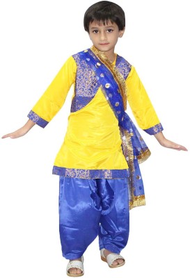 KAKU FANCY DRESSES Punjabi Suit Salwar with Dupatta For Girls, Dance Costume-Yellow & Blue 7-8 Yrs Kids Costume Wear