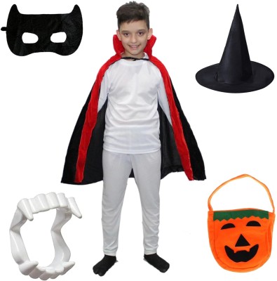 KAKU FANCY DRESSES Halloween Dracula Robe, Teeth, Hat, Eye-patch, Candy Basket Set - 7-8 Yrs Kids Costume Wear