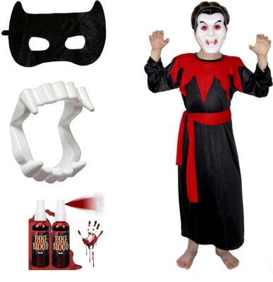 KAKU FANCY DRESSES Scary Dracula Costume with Teeth, Mask & FakeBlood for Halloween Party, 7-8yrs Kids Costume Wear