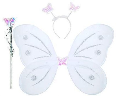 KAKU FANCY DRESSES White Butterfly Dress For Girls With Headband & Wand Stick, Fairy Wings Kids Costume Wear