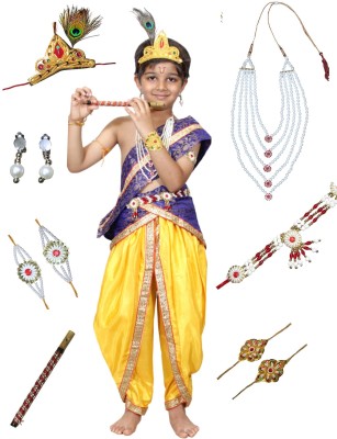 KAKU FANCY DRESSES Krishna Costume for Boys (Blue Dhoti, Patka, Belt, Fabric Mukut, Mala, Bansuri) Kids Costume Wear