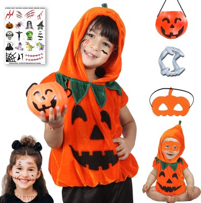 Aavashyak Pumpkin Costume For Kids | Pumpkin Dress with Mask & Basket Cute Halloween Dress Kids Costume Wear