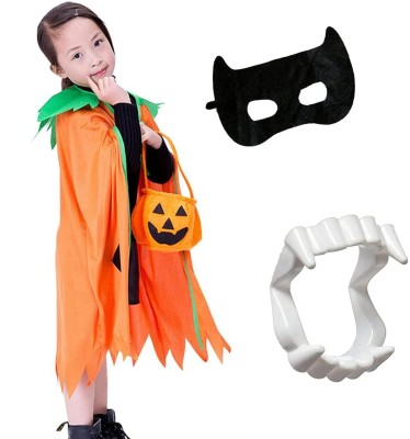 KAKU FANCY DRESSES Pumpkin Robe Cape Black Eyepatch & Devil Teeth for Halloween Costume - 5-6 Yrs Kids Costume Wear