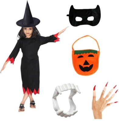 KAKU FANCY DRESSES Halloween Witch Costume With Hat, Teeth, Mask, Nails & Pumpkin Bag For 14-15 Yrs Kids Costume Wear