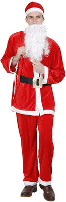 KAKU FANCY DRESSES Adult Santa Clause Fancy Dress in Velvet Fabric for Christmas Day Costume with White Beard, Cap, Belt and Bag, For Men's, 10-12 Years Kids Costume Wear