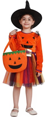 KAKU FANCY DRESSES Pumpkin Girl Frock With Hat & Pumpkin Shape Basket for Halloween Kids Costume Wear